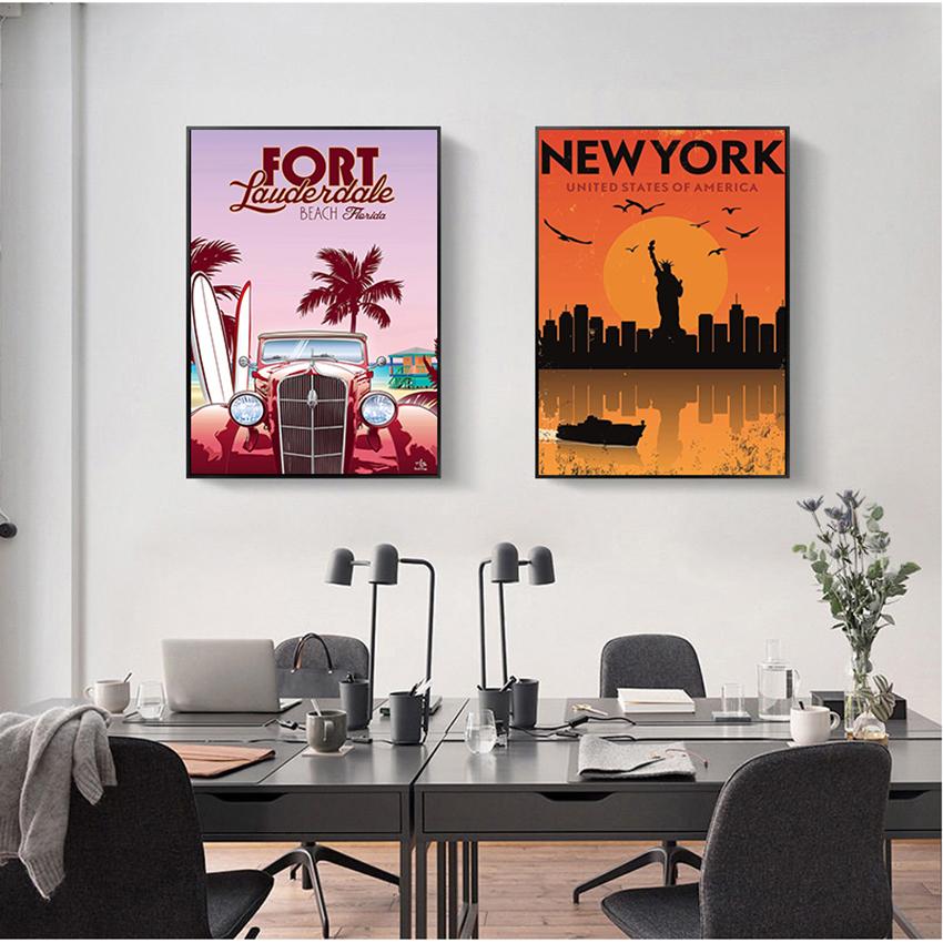 Пейзаж, холст, живопись, настенные картины, домашний декор, скандинавский винтажный постер с городами для путешествий, Нью-Йорк, Нидерланды, Амстердам, Лондон, без рамки