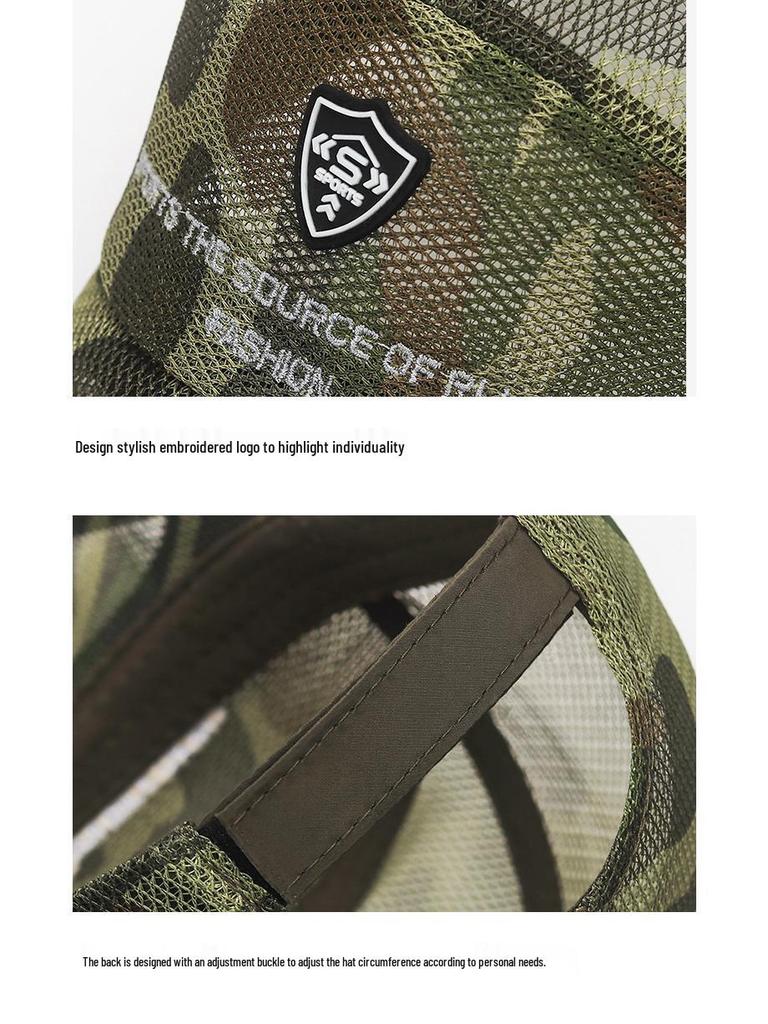 Летняя шляпа с дышащей сеткой и защитой от солнца для мужчин и женщин - Кепка для рыбалки на открытом воздухе с полым козырьком и кожаной этикеткой