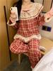 Korean-Style Red Plaid Cotton Nightgown with Lace Trim 