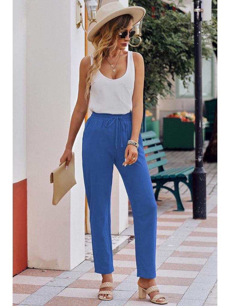 Женские хлопково-льняные брюки с кулиской и широкими штанинами