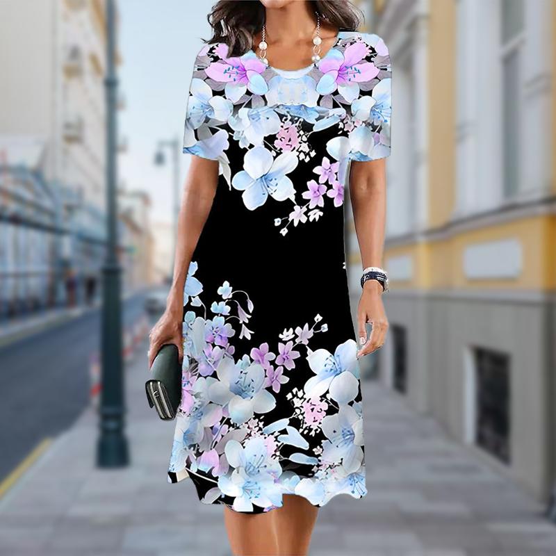 Women Casual Dress Summer Pure Flowers Print Dresses For Women O-neck Short Sleeve Dress Plus Size