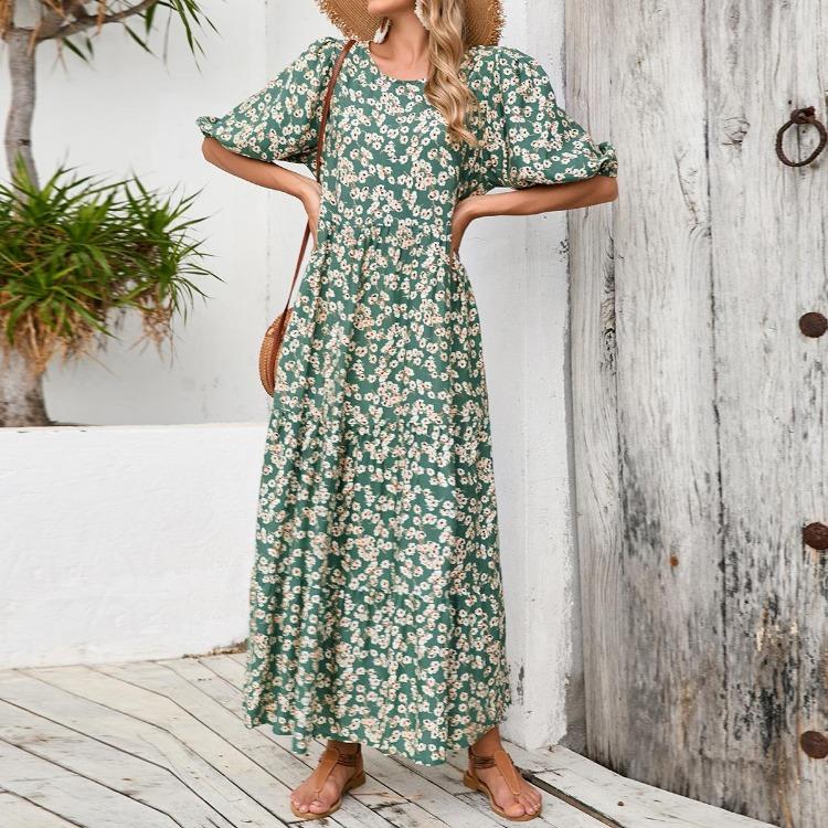 Women Summer Casual Floral Print O Neck Dress High Waist Loose Large Size Ankle Length Middle Long Sleeve Spring Dress
