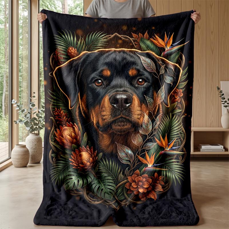 Rottweiler in Exotic Jungle Theme blanket Lightweight Warm Flannel Blanket Decorative Throw Blanket for Home Decoration