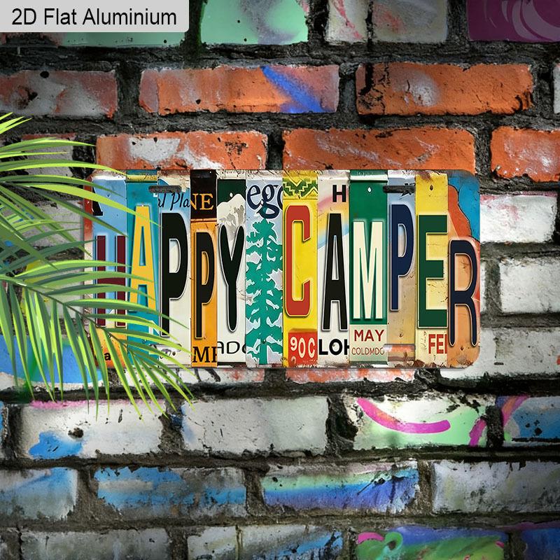 2D Flat, 1pc "HAPPY CAMPER" License Plate Style Aluminum Sign, 12''x6'' Colorful Retro Wall Decor, Perfect for Camper, Cabin & Outdoor Themed