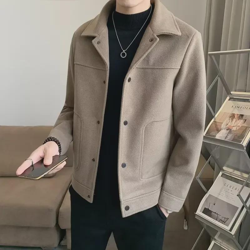 Мужская облегающая шерстяная куртка с лацканами - модное осеннее пальто
