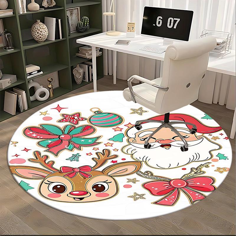 1pc Christmas Santa Claus & Reindeer Round Carpet Anime Cartoon Design, Holiday Gift, NonSlip Rug for Office Chair Mat, Home Decor, Living Room