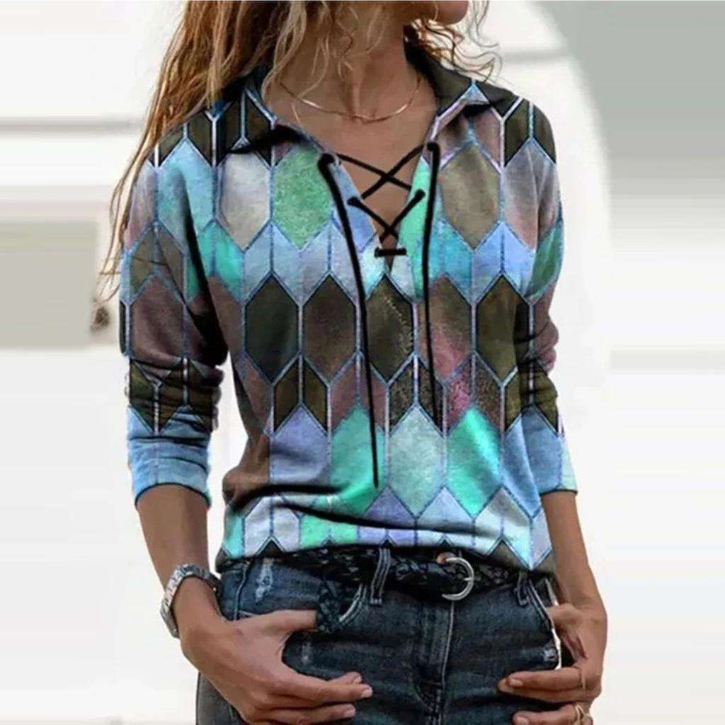 Fashion Women Prints Long Sleeve Color Matching Bandage Tops Blouses