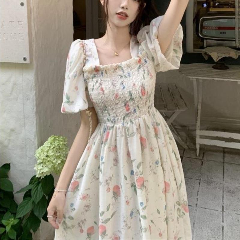 QICED Chic Square Collar Small Fresh Floral Dress Female Summer Gentle Wind Waist Slimming Mid-length A-line Skirt