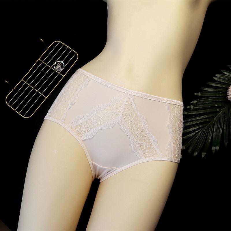 Mid Waist Minimalist Lingerie Women's Sexy Hollow Lace Underwear Ice Silk Breathable Triangle Panties