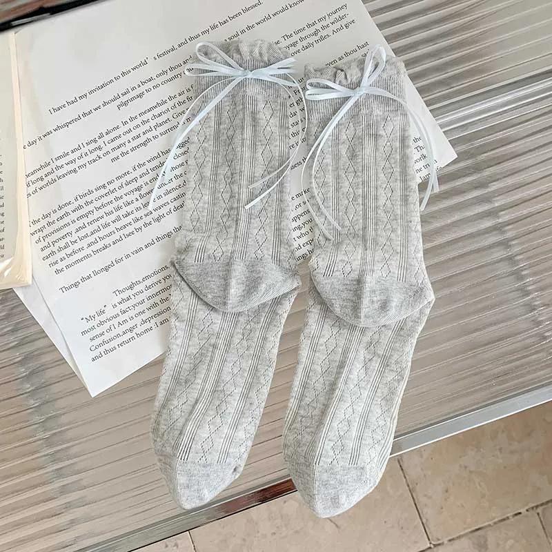 Socks For Women Korean Style New Solid Color Sweet Lolita Thin Socks Cute Breathable Bow Japanese Fashion Long Socks Female Mesh