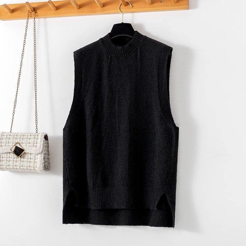 Knitted Vest Women Oversize Undershirt Solid Color Sleeveless Vest Tops Loose Sweater Vest Thickened Casual Round Neck Vest