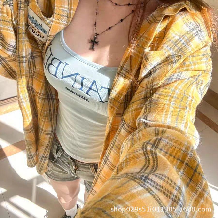 Women's Yellow Plaid Retro Shirt Jacket - Loose Fit, Versatile for Spring & Autumn
