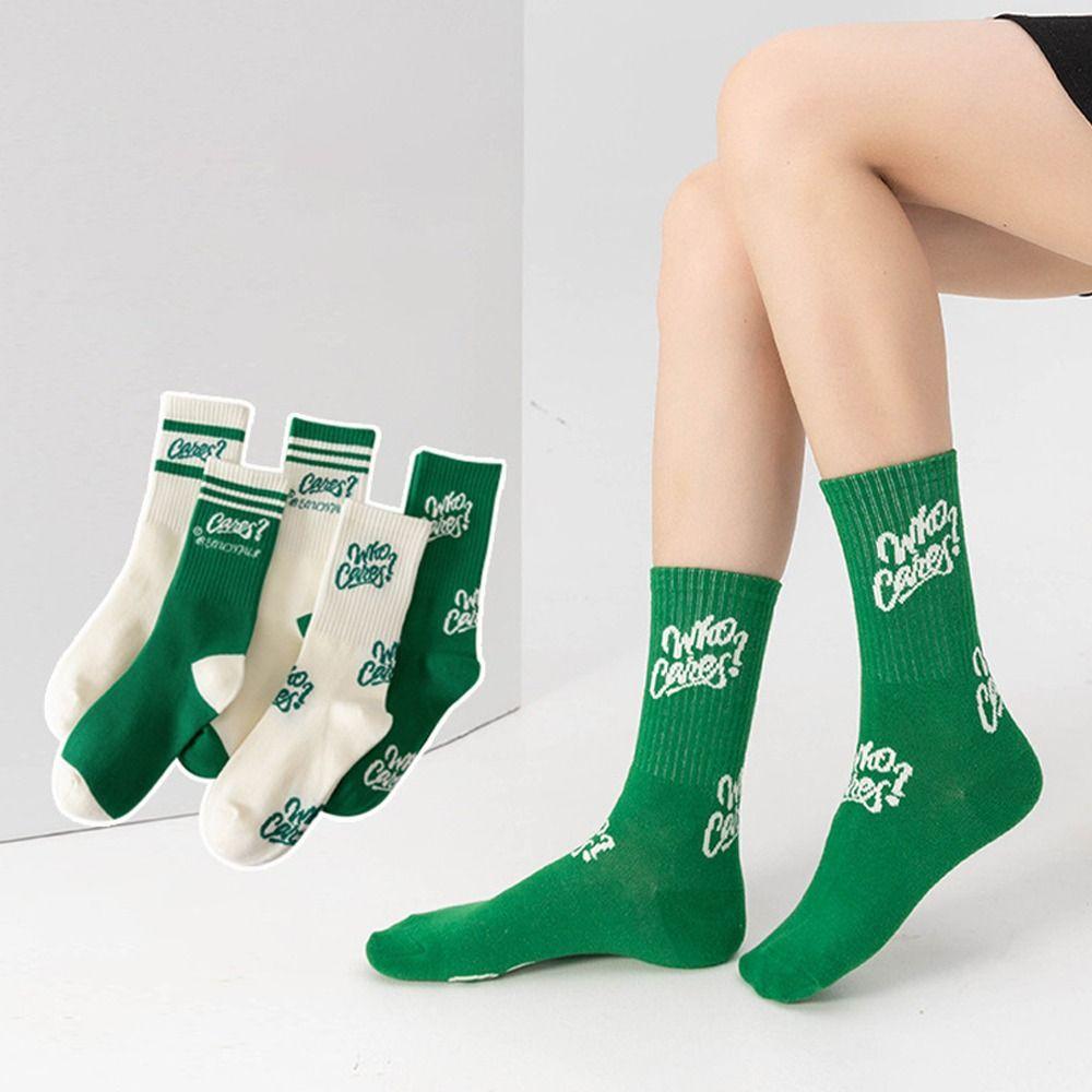 Cotton Green Socks Harajuku Autumn Winter Sports Socks Trendy Letter Striped Socks For Women Men