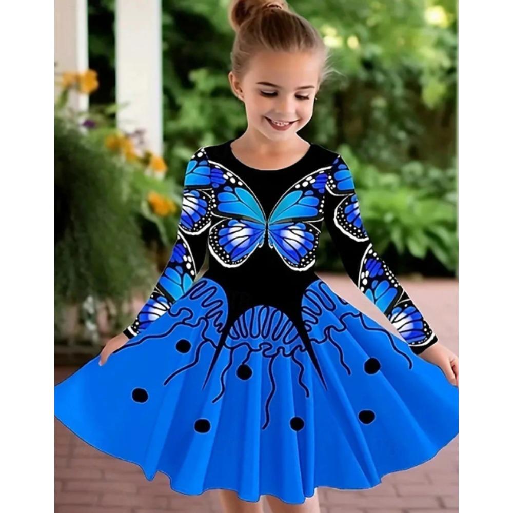 Girl Casual 3D Fantasy Butterfly Jellyfish Print Round Neck Long Sleeve Dress Kid Princess Dress