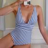 Женский монокини с глубоким V-образным вырезом без рукавов, облегающий слитный купальник-бикини с полосатым принтом и высокой талией, утягивающий живот