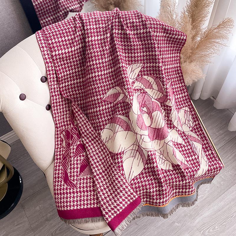 Imitation Cashmere Camellia Thousand Bird Grid Double-Sided Thermal Air Conditioner Shawl Winter Versatile Decorative Scarf