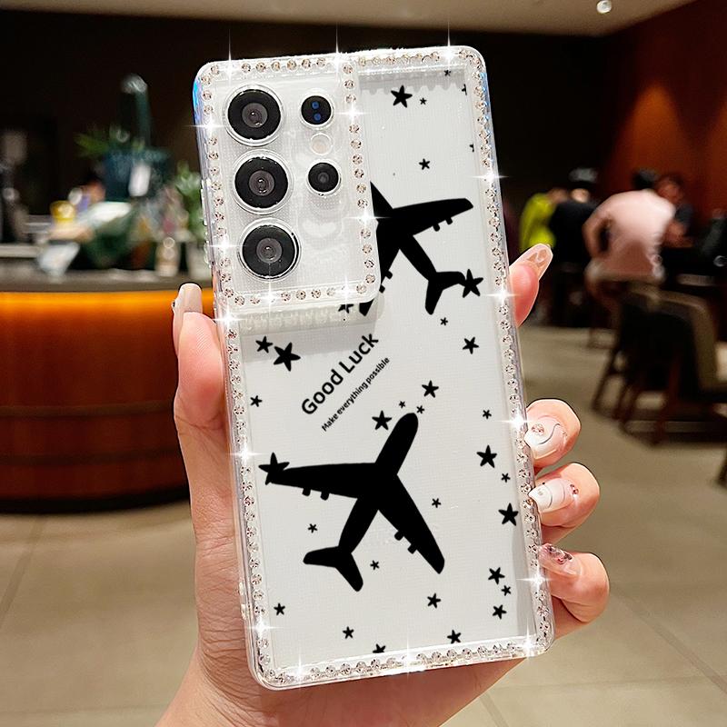 Airplane Snow Mountain Diamond Case For Samsung Galaxy A56 A55 A54 A36 A15 A16 A25 5G S25 Edge S24 Ultra S23 FE TPU Phone Cover