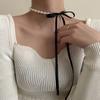 Lady Korean Sweet Black Velvet Bow Choker Necklace Bowknot Imitation Pearls Clavicle Chain Collar Jewelry