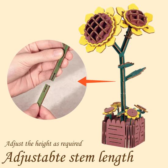 3D Wooden Flower Puzzle Kit for Adults DIY Botanical Bouquet Building Set Wood Sunflower/Rose Floral Craft Kit for Stress Relief Mother's Day
