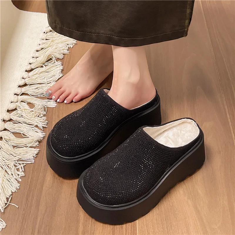 Модные дизайнерские блестящие женские теплые хлопковые мюли на толстом каблуке, новые модные туфли Baotou на платформе 2025 года, женские ленивые шлепанцы