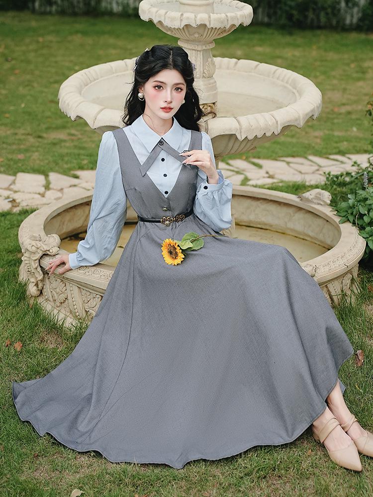 Ретро Академический Стиль Двухслойное Платье-Жилет с Рубашкой с Отложным Воротником
