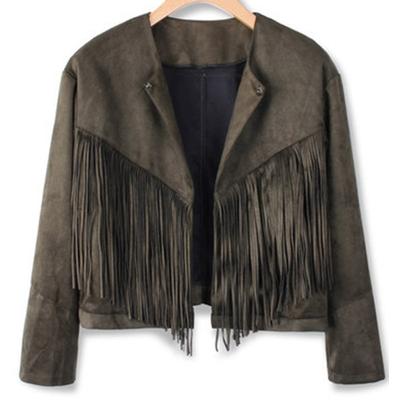 Женская куртка короткая с длинным рукавом из замши и кожи с кисточками