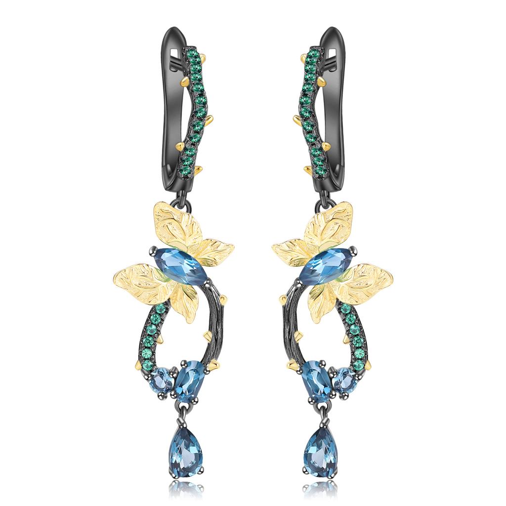 Дизайнерские серьги-бабочки в естественном стиле, серебряные серьги 925 пробы с диопсидом из натурального драгоценного камня
