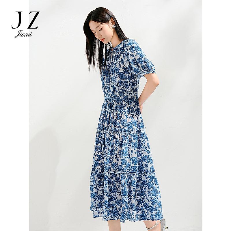 Jiuzi Anna Kou Romantic Holiday Ethnic Style Printed Folded Waist Dress for Women 2025 Summer New Style