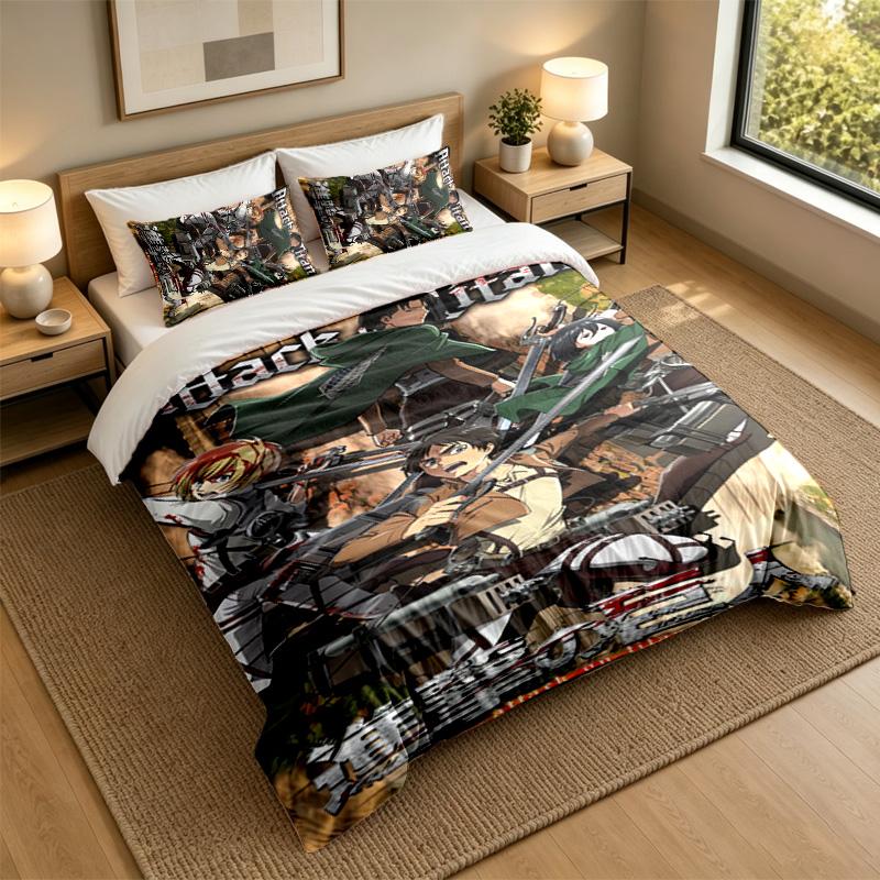 Soft Bedding Set Attack on Titan Pattern, 1 Duvet Cover plus 2 Pillowcases Stylish Bedroom Home Textile