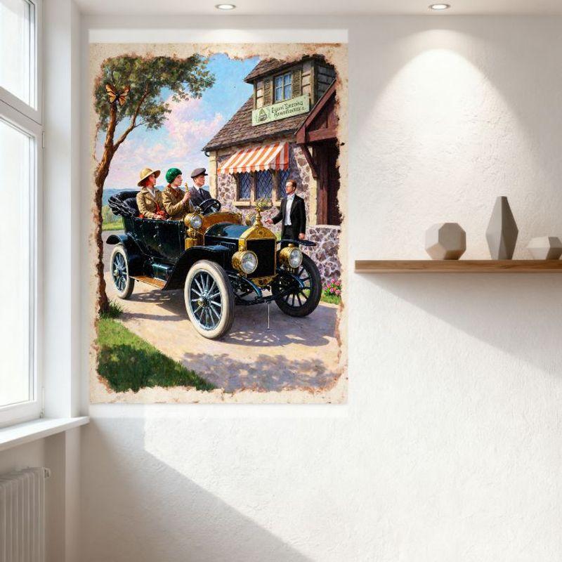 Винтажная металлическая жестяная вывеска 1920-х годов Ford Model T с пассажирами - Сцена из общего магазина для домашнего бара, ресторана, мужской комнаты, Деко