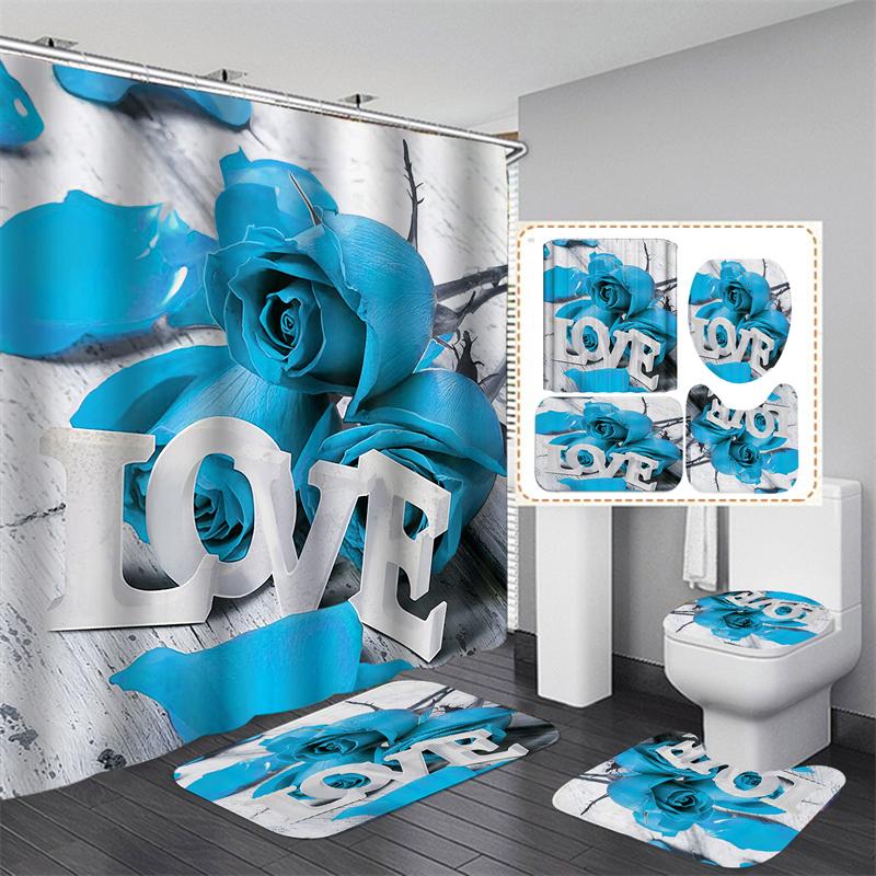 Занавеска для душа с цветком розы, водонепроницаемая полиэстеровая занавеска для ванной комнаты с крючками, занавеска для ванны, мягкие напольные коврики, нескользящий коврик для ванной, декор для ванной комнаты, 4 шт.