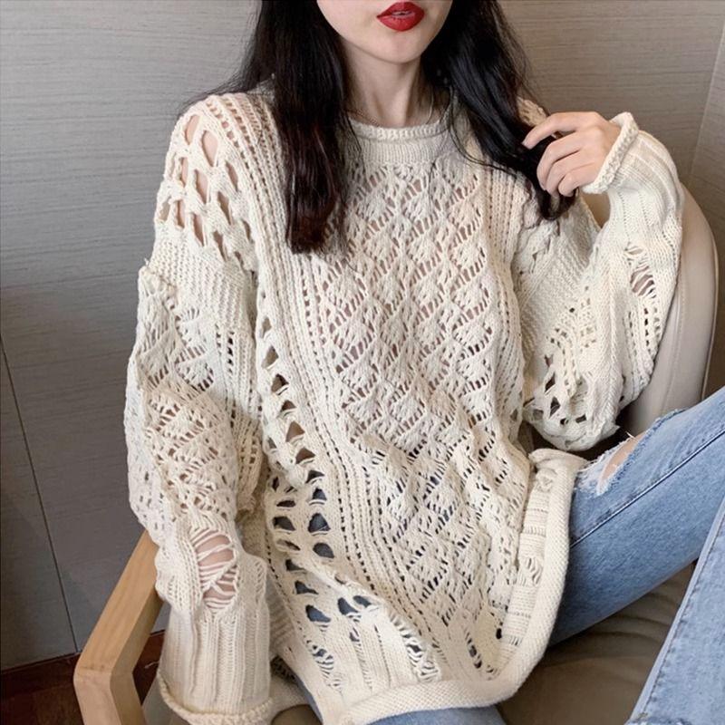 Модный свободный трикотажный свитер с открытыми дырками, ленивый стиль, верхняя одежда в корейском стиле, свитер