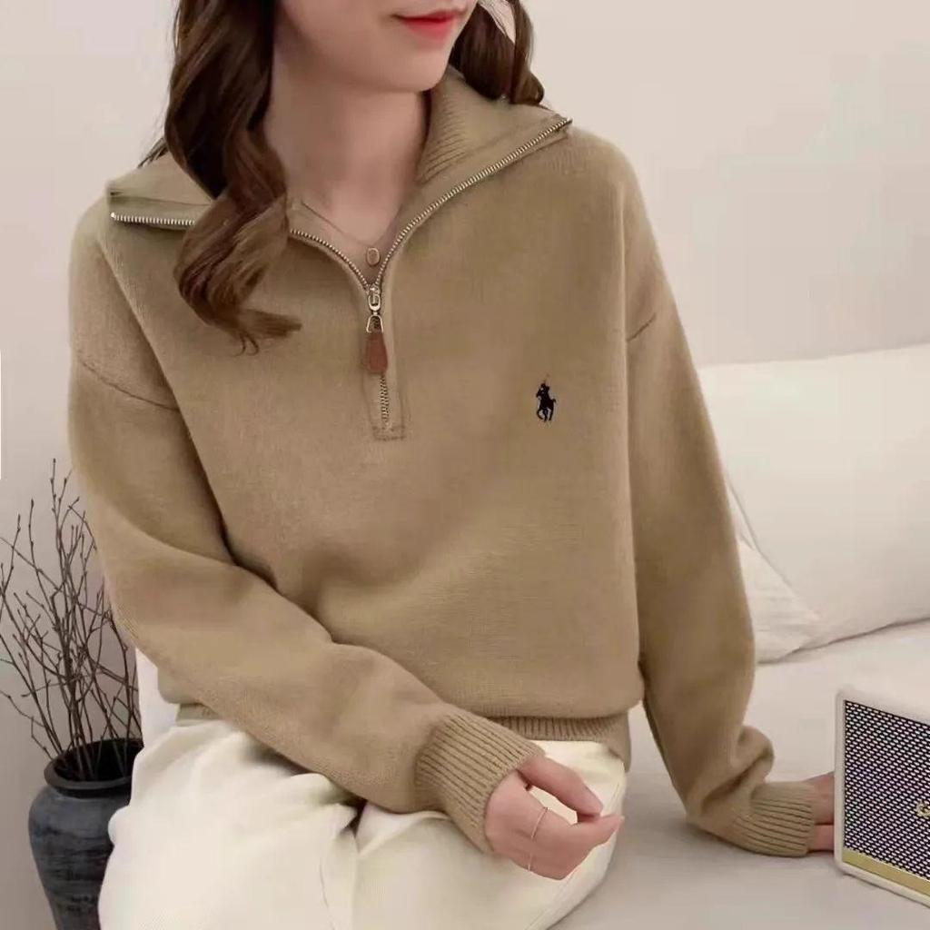 Women's High-End Half-Zip Pullover Sweater - Autumn/Winter Solid Color, Cozy Lazy Style Top