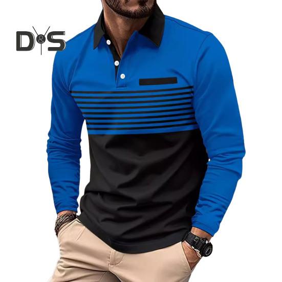 Мужская рубашка весна-осень с отложным воротником на пуговицах, контрастный полосатый принт, длинные рукава, свитер средней длины, повседневный деловой топ
