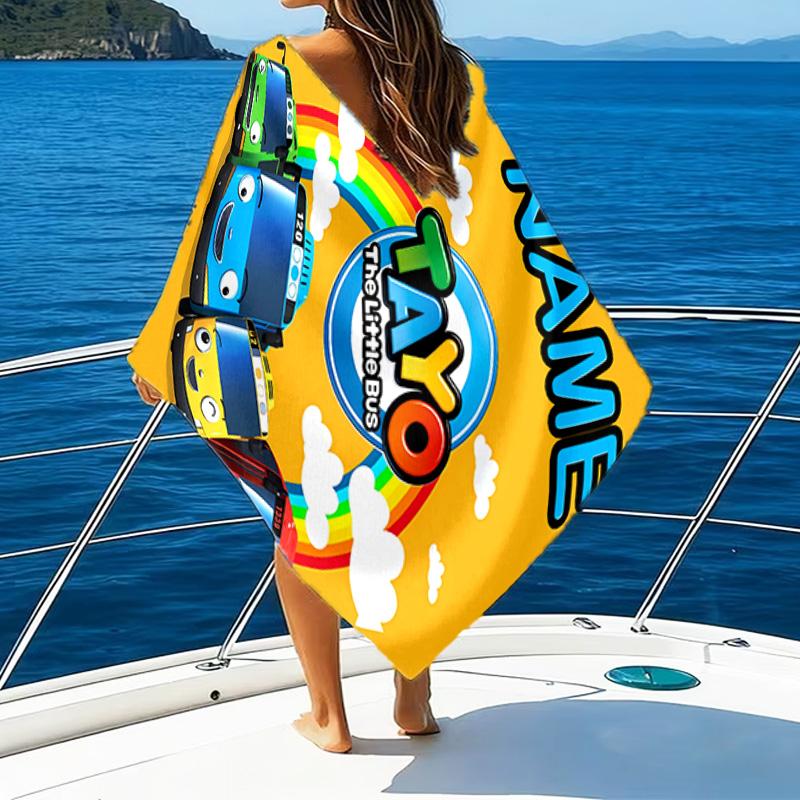 1pc TAYO Bus Beach Towel with Custom Name, Beach/Swimming/Bath/Picnic/Camping Towel, Suitable for Seaside Beaches