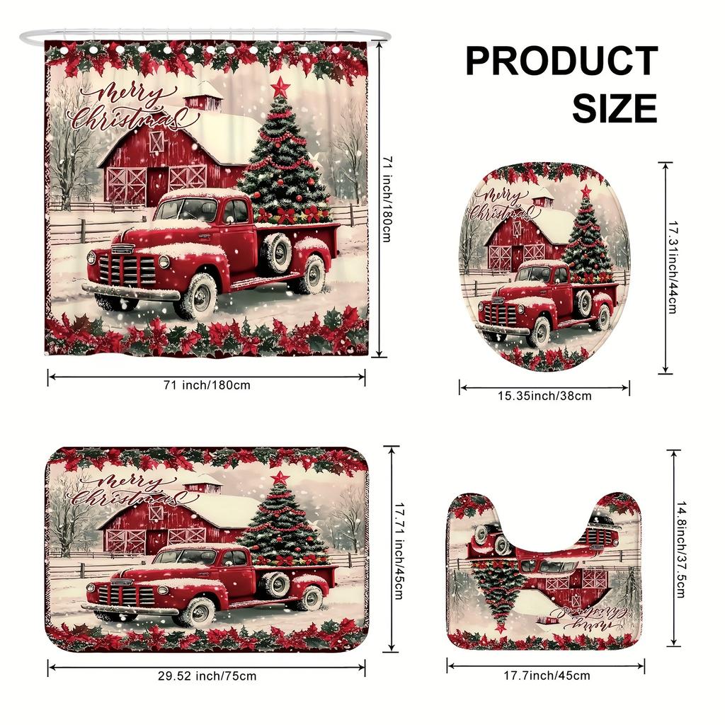 4pcs Vintage Red Truck Christmas Pattern Waterproof Shower Curtain With 12 Hooks Non-Slip Bathroom Rug Toilet U-Shape Mat Toilet Lid Cover Pad