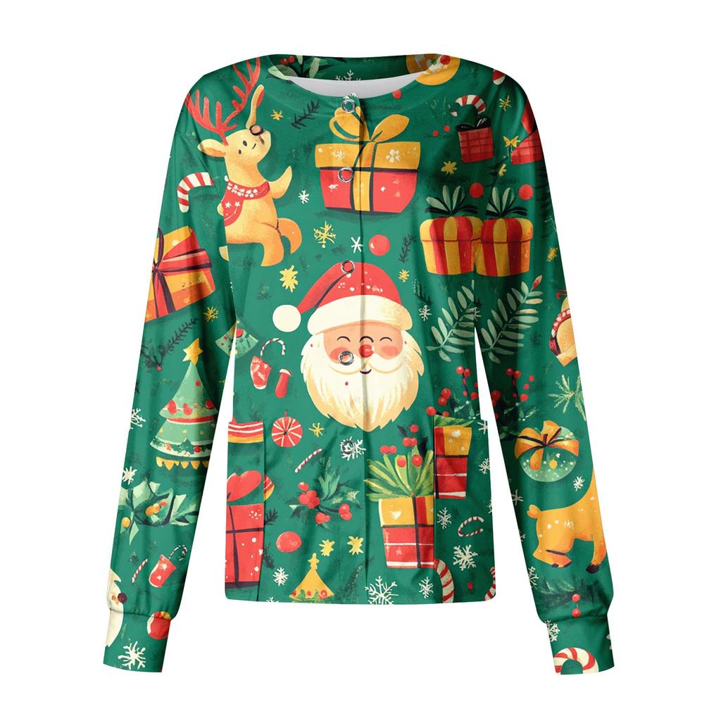 Women's Casual Long Sleeve Single Breasted Christmas Printed Dry-nurse Top