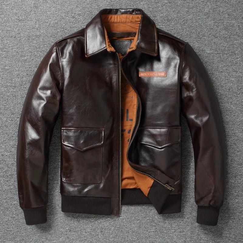 Chinese Size Brown Oil Waxed First Layer Genuine Cowhide A2 Flight Jackets Men Leather Jacket Autumn