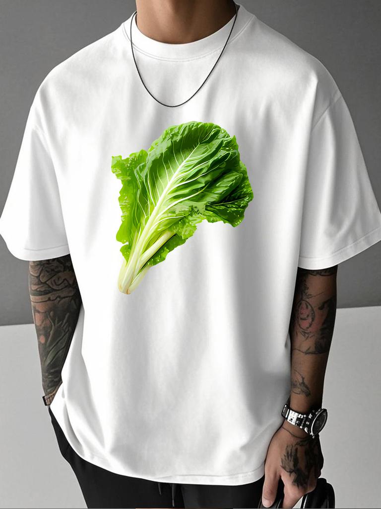 Unisex Summer White Short Sleeve Tee Realistic Green Chinese Cabbage Vegetable Graphic Print Crew Neck Loose Casual Male Daily Tops