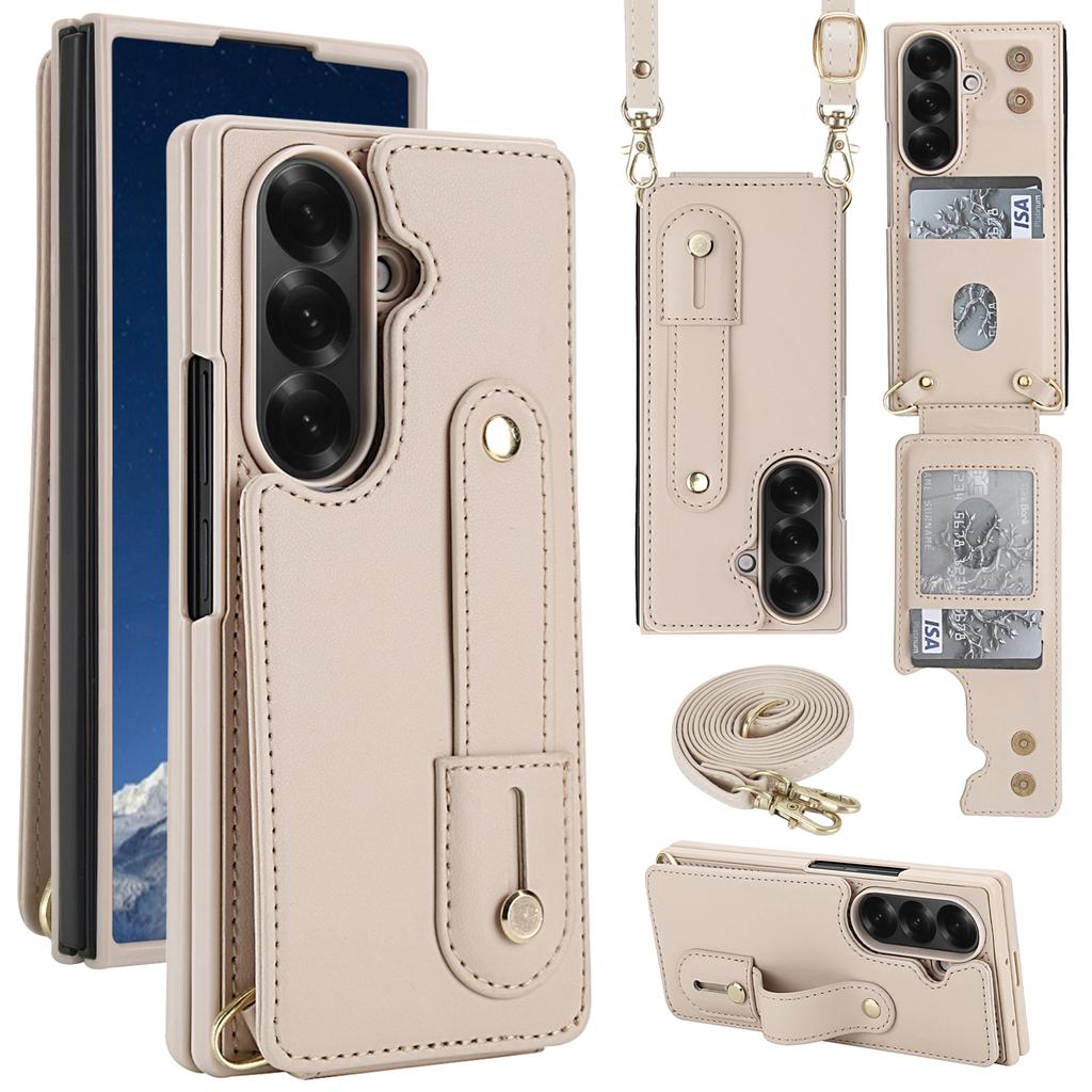 For Samsung Galaxy Z Fold7 5G Case Kickstand Card Slots Leather Coated TPU Cover with Shoulder Strap