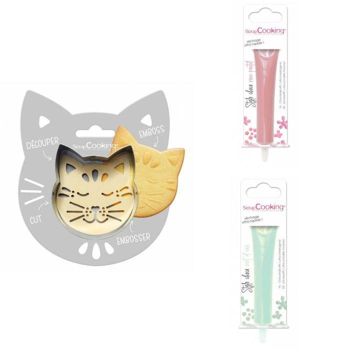 Cat Embossed Biscuit Kit + 2 Pastel Pink and Water Green Chocolate Pens