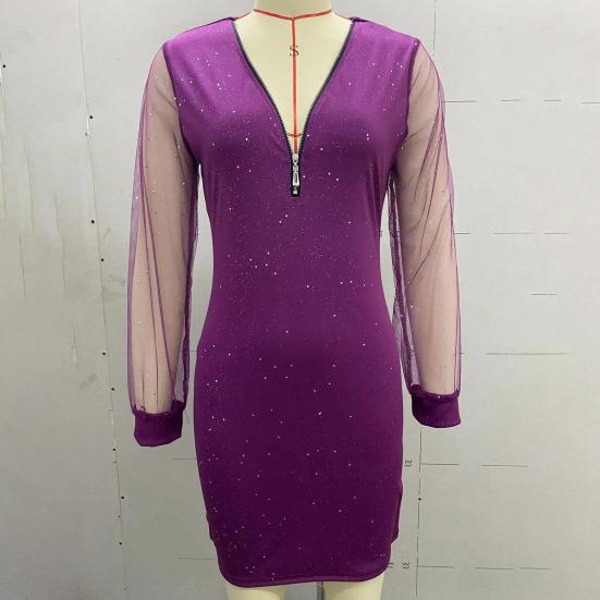 Женское платье на молнии с V-образным вырезом, прозрачная сетка в стиле пэчворк, с длинными рукавами, облегающее мини-платье с высокой талией и блестящими пайетками, женское осенне-весеннее мини-платье