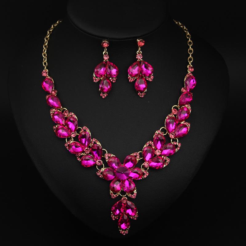 Jewelry Crystal Gemstones Flower Clavicle Necklace Earrings Set Dress Women'S Banquet Accessories