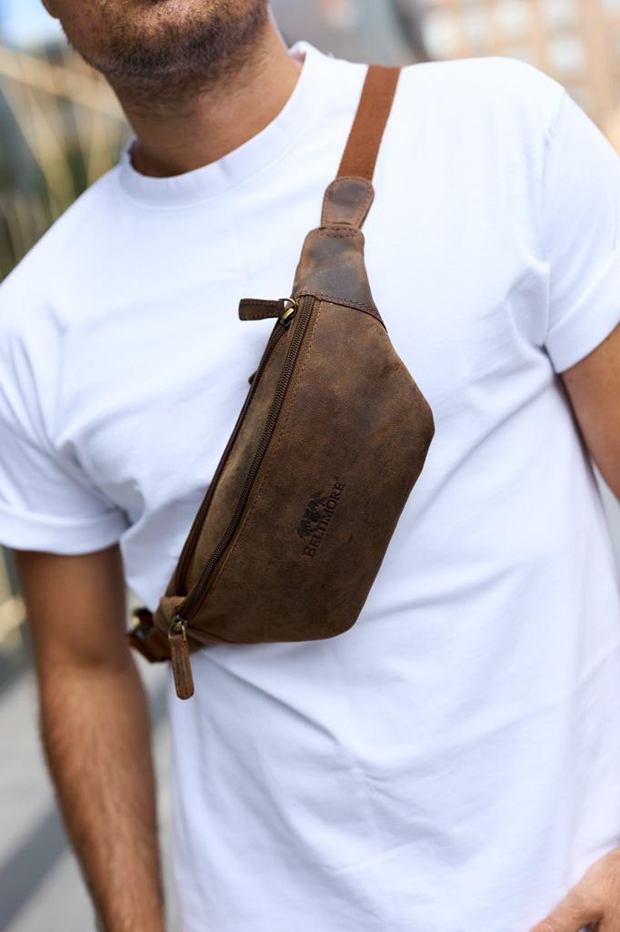 Men's Premium Leather Waist Bag, Brown Nubuck Leather, Beltimore