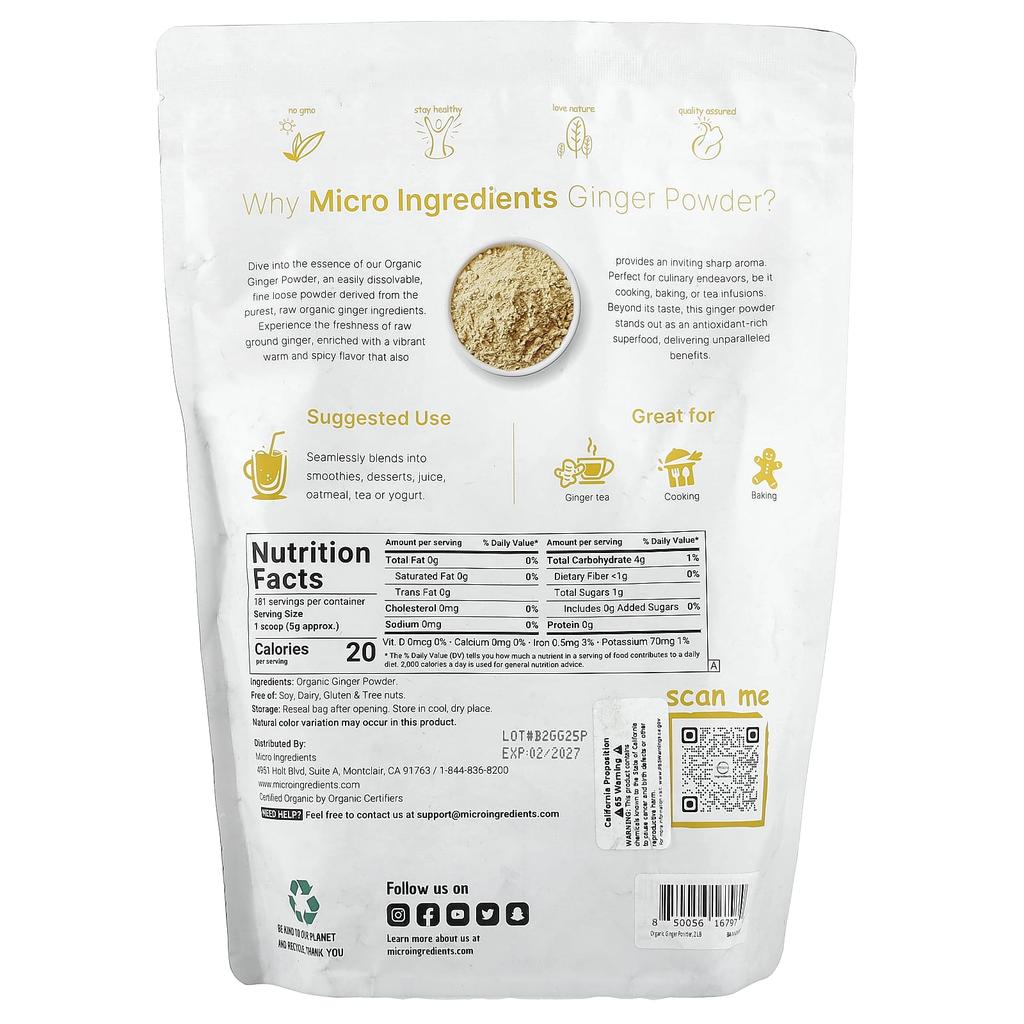 Micro Ingredients Органический имбирный порошок, 2 фунта (907 г)