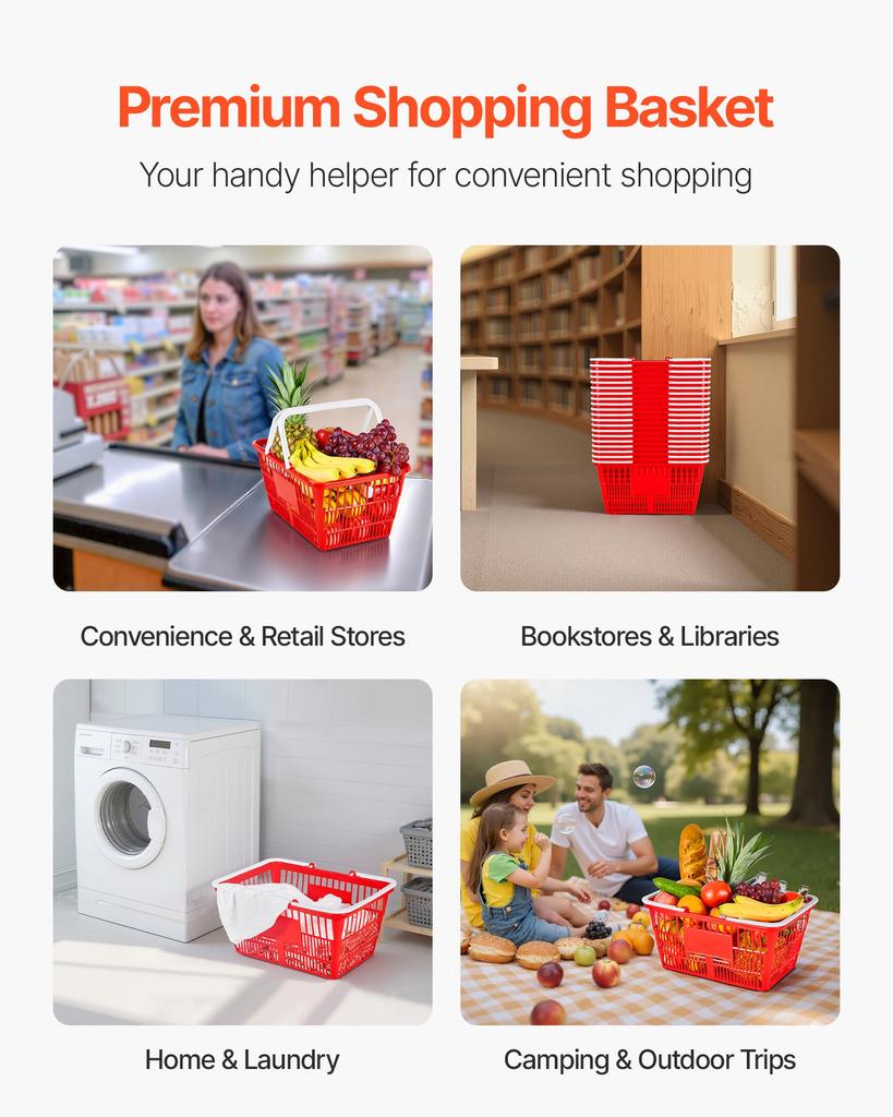 VEVOR Shopping Baskets, 20 PCS, 21L Stackable PE Plastic Grocery Baskets with Handles, Dense Mesh Structure, Holds up to 9.07kg, Portable for Grocery
