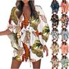 Women's Summer 3/4 Sleeve V Neck Holiday Dress Boho Print Drawstring Sun Beach Dress