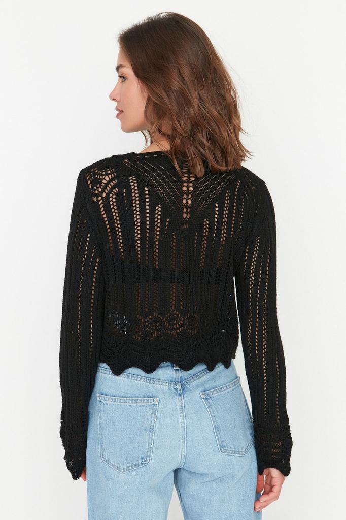 Женский свитер в элегантном стиле, черный вязаный свитер с ажурными отверстиями
