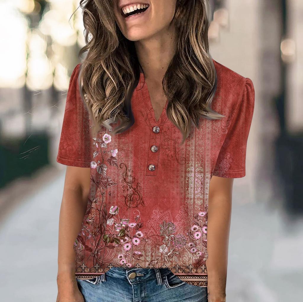 Women's Fashion Casual Flower Print V-neck Short Sleeve Button Up T-shirt Top