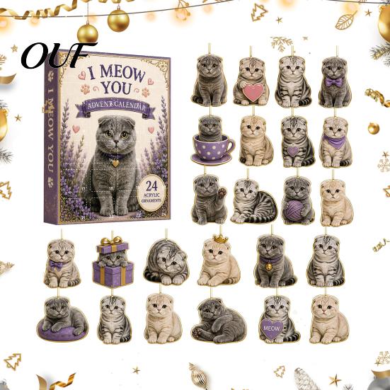Cute Cat Pendant Set Advent Calendar 2026, 24 Days 2D Acrylic Christmas Ornaments Countdown Calendar, for Kids Collectible Pendants Holiday Tree Home